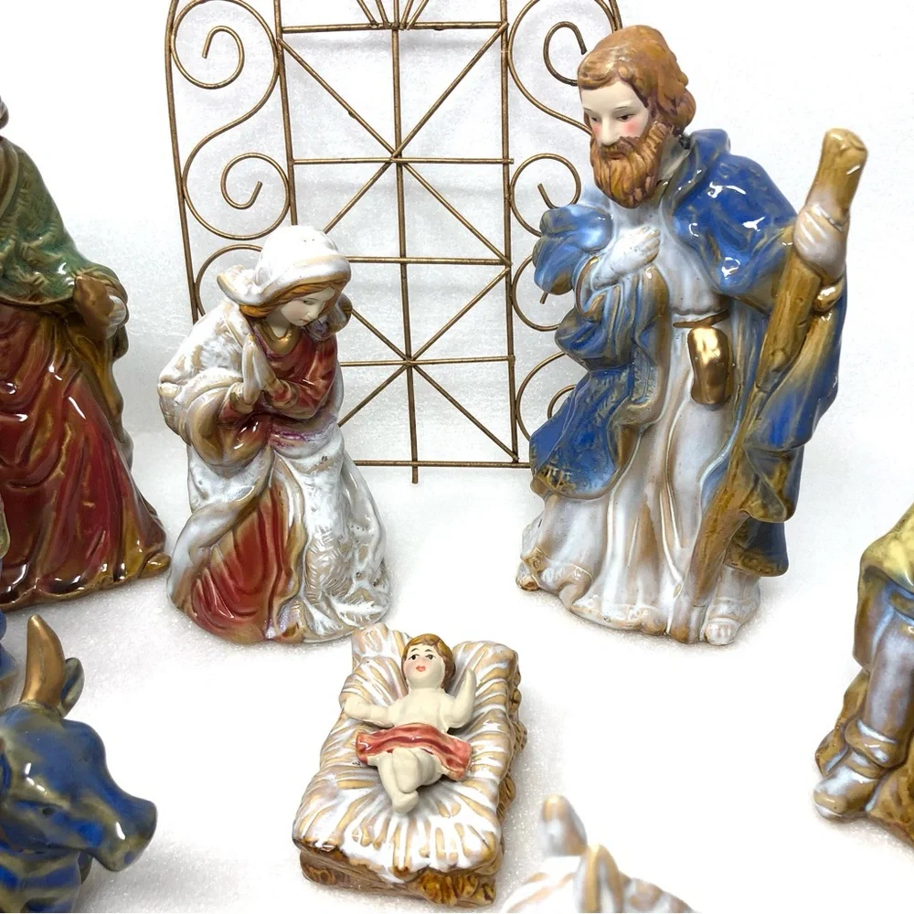 Classic Elements Ceramic Nativity Scene 10 Piece Set Plus Wire Gazebo - Picture 6 of 16